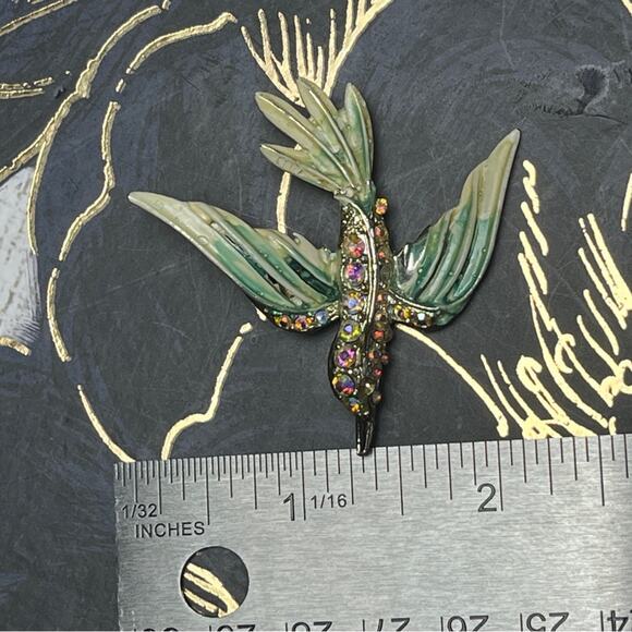 Vintage Sparkling AB Crystal Green and Gold Enamel Bird Brooch D3 - Picture 6 of 7